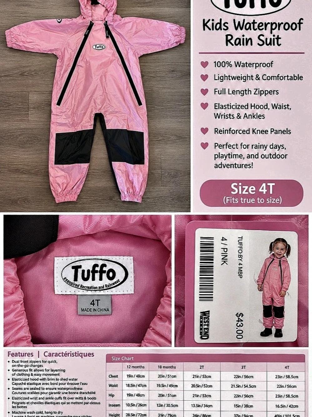 Tuffo Kids Waterproof Rain Suit Pink & Black Size 4T NWT